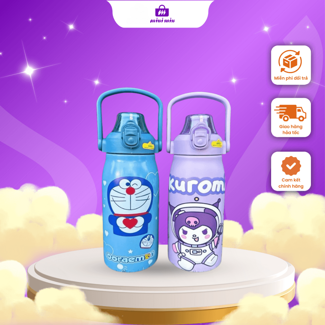 Bình giữ nhiệt quai xách nắp bật 1000ml in hình dễ thương Mini Min